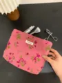 Floral canvas makeup pouch detail showing cute pink pattern, compact cosmetic storage bag. - L / Rose Red Rose