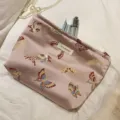 Pink satin embroidered butterfly cosmetic bag, large capacity portable travel makeup storage pouch. - L / Pink Butterfly