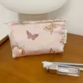 Vintage butterfly print cosmetic bag large capacity pink makeup pouch portable wash bag - M / Pink Butterfly