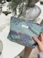 Vintage Chinese style cosmetic bag with peony brocade pattern, portable travel makeup pouch. - L / Green Background with Purple Flowers