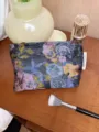 Vintage floral brocade cosmetic bag detail showing exquisite fabric texture and metallic zipper. - M / Blue-Purple Oil Painting