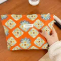 Ethnic floral makeup pouch with large capacity, portable travel cosmetic storage bag for daily use. - Ethnic / L
