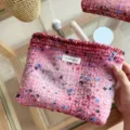 Pink tweed cosmetic bag, cute wool makeup pouch, portable travel wash bag for women and girls. - L / Ume Plum Sauce Pink