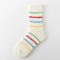 White fuzzy coral fleece socks for women, warm winter mid-calf striped floor sleep socks - One Size / Striped