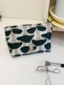 Canvas cosmetic bag with mushroom embroidery, portable makeup pouch for daily storage essentials. - Green Medium