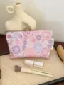 Portable floral brocade cosmetic bag high-end toiletry makeup storage pouch for daily travel use - Pink Purple Floral (Medium)