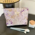 Purple floral embroidered cosmetic bag, large capacity travel storage pouch for daily makeup essentials. - L / Purple Gold Floral
