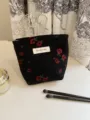 Black woven floral makeup pouch with YETONADO label, stylish daily cosmetic bag for women. - S / Black with Red Floral