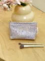 Floral jacquard cosmetic pouch with secure zipper, elegant makeup storage bag for travel. - Pink Purple Medium