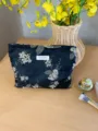 Black floral embroidered cosmetic bag with zipper, stylish large capacity makeup pouch for women. - L / Black Floral