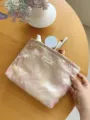 Gold thread floral jacquard cosmetic bag detail highlighting pleated texture and skincare storage. - L / Pink Floral Gold Leaf