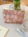 Detail shot of pink embroidered floral cosmetic pouch on clean white tabletop with makeup props. - M / Pink