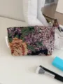 Vintage floral tapestry cosmetic pouch, stylish woven makeup storage bag for daily use. - M / Black Purple Floral