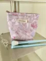 Detailed view of pink floral cosmetic makeup pouch, stylish small storage bag for travel daily. - S / Purple Floral