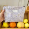 Lavender floral jacquard makeup pouch, portable cosmetic storage bag with white brand label. - Pink Purple Large