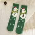 Green Christmas coral fleece fuzzy socks with cute snowman pattern, warm winter floor socks. - One Size / Green Santa Style