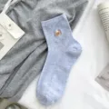 Cute embroidered bear cotton socks, soft breathable casual dotted yarn crew socks for women. - One Size / Blue