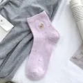 Cute embroidered bear speckle yarn women socks, soft breathable cotton casual short crew socks. - One Size / Pink