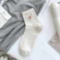 Cute embroidered bear cotton speckled short socks for women soft breathable casual daily wear - One Size / Beige