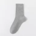 Grey ribbed cotton crew socks for men, solid color breathable casual business style. - One Size / Light Gray