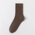 Brown ribbed cotton mid-tube socks for men, casual solid color anti-odor breathable sock. - One Size / Coffee