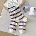 Striped rolled cuff mid-calf socks, stylish blue and orange color-block variant for women. - One Size / White with Navy Blue