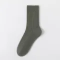 Solid color men's ribbed crew socks in dark green, pure cotton comfortable mid-tube daily wear. - One Size / Army Green