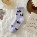 Fluffy coral fleece socks for women, winter warm sleep floor socks in light purple cow pattern. - One Size / Purple