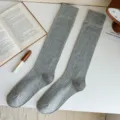 Grey ribbed knee-high socks for women, vintage style long cotton stockings for daily wear. - One Size / Light Gray