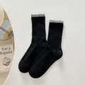 Women cotton mid-tube socks black grey bubble cuff cable knit casual fashion socks - One Size / Black
