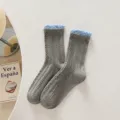 Women grey cable knit mid-calf socks with blue ruffle bubble cuff spring autumn hosiery - One Size / Light Gray
