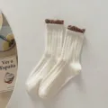 Women knit mid-calf socks cream white ruffles chic stylish cute spring daily wear socks - One Size / Milky White With Coffee Edge