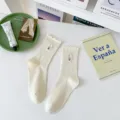 Cream Floral Embroidered Ruffle Cuff Mid-Tube Socks for Women Summer Breathable Cotton - One Size / Beige
