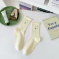 Women summer thin cotton mid tube socks cute ruffled cuff embroidered floral design crew - One Size / Yellow