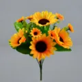 Bouquet de tournesols artificiels pour décoration d'intérieur, avec fleurs jaunes et feuilles vertes. - 7 branches et 10 têtes