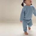 Toddler ribbed long sleeve top and pants set detail view, soft cotton fabric, casual wear. - 73cm / Top And Bottom / Blue Set