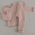 Infant ribbed long sleeve top and pants detail view with cute lettuce edge trim. - 66cm / Pink