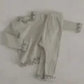 Lettuce edge ribbed long sleeve top and trousers detail view for infant baby girls - 73cm / Light Gray
