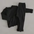 Infant baby girls spring ribbed long sleeve top and pants set dark grey lettuce trim detail - Black