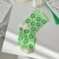 Chaussettes mi-mollet en coton imprimé visage smiley vert mignon pour femme, tendance. - Taille unique / Sourire Vert