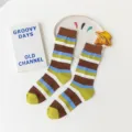 Chaussettes longues automne hiver pour femmes rayées colorées tricot mode décontractées - Taille unique / Manchette Café