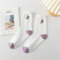 Japanese JK style white mid tube socks with purple heel toe cute floral embroidery ruffles. - One Size / Single Flower