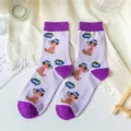 Paarse katoenen middelhoge sokken met schattig berenmotief, hippe taro paarse stijl voor dagelijks. - Eén maat / Letter Bril Beer