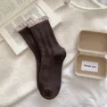 Dames katoenen middelhoge sokken met roezjes en hartjesmotief, bruine lente sokken - Eén maat / koffiekleur