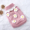 Cute pink knit pet sweater for cats, featuring white lace collar and daisy flower decor. - XS / Pink