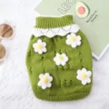 Green knitted pet sweater with white floral decorations and cute lace collar for cats and dogs - XS / Green