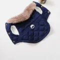 Dog winter warm quilted vest with faux fur collar and D-ring leash clip, stylish pet coat. - S / Navy Blue