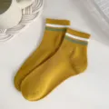 Women short cotton socks with striped cuff, casual yellow daily wear ankle socks variant. - One Size / Yellow