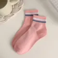 Women short socks pink cotton double stripe Korean style casual daily sports socks ankle length - One Size / Pink