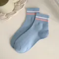 Cute light blue casual crew socks with white and pink stripes, soft cotton daily wear. - One Size / Blue
